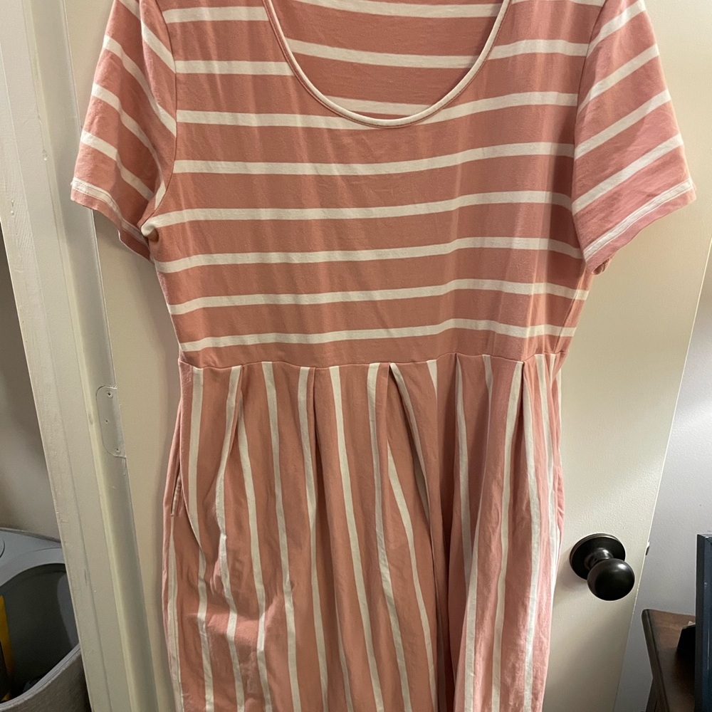 Amazon Women’s Pink and White Striped Maternity Midi Dress - Picture 2 of 4